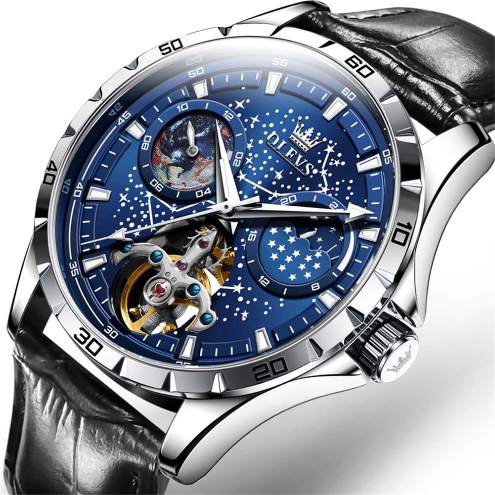OLEVS 6689 Automatic Skeleton Starry Sky Leather Steel Watch for Men