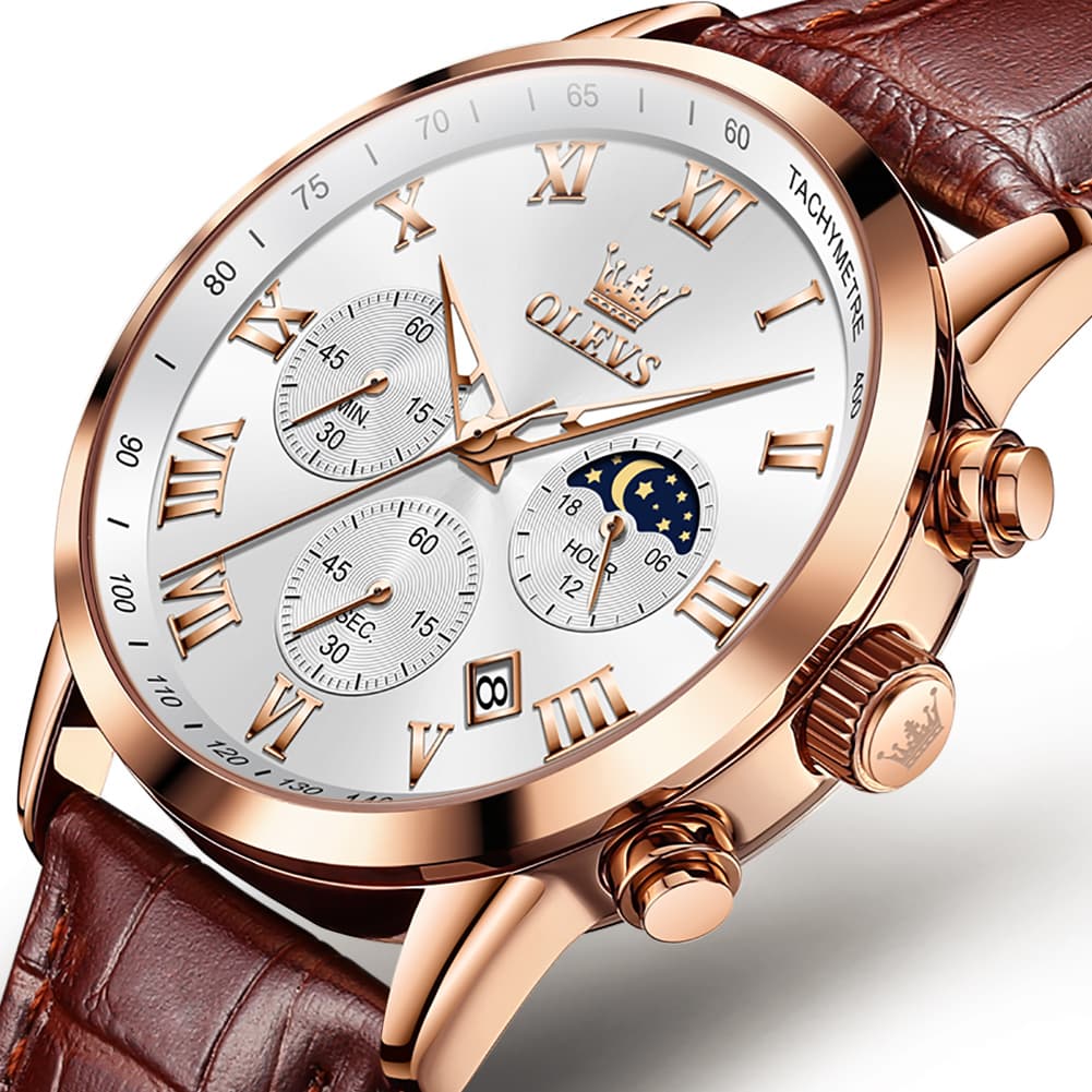 OLEVS Chronograph Moon Phase Dress Watch Leather Strap for Men 5529