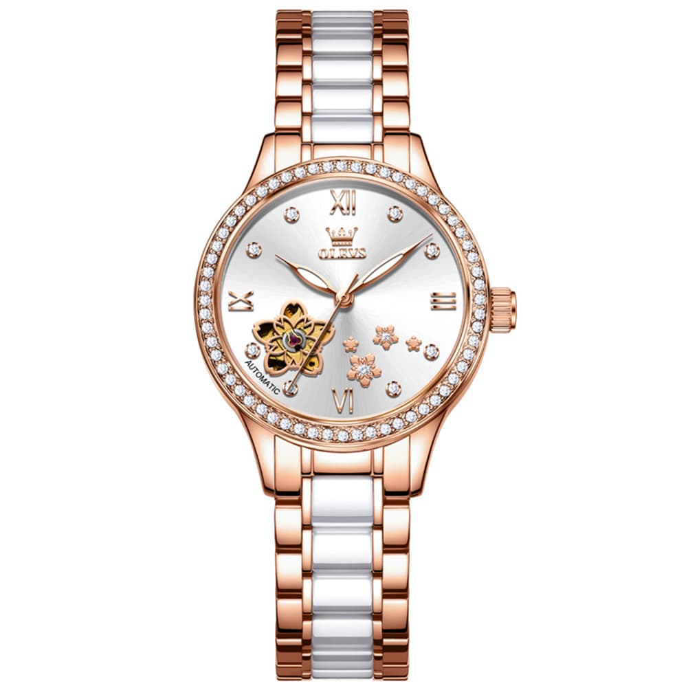 OLEVS 7074 Ceramic Open Heart Automatic Watch For Women
