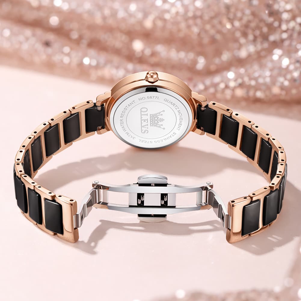 OLEVS 5877 Ceramic Bracelet Watch Rose Gold Minimalist Diamond Accent Japan Quartz Luxury Timepiece for Women