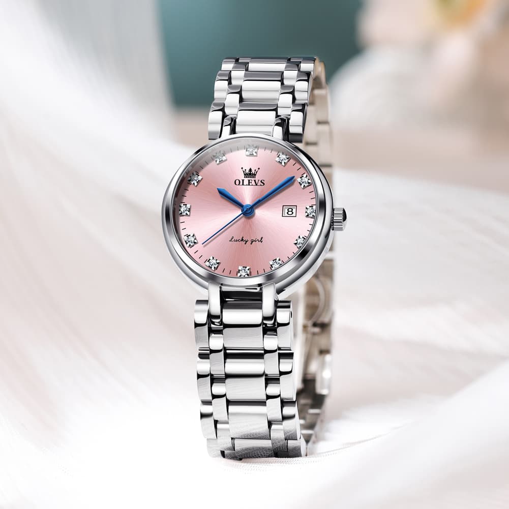 OLEVS Women Lucky Diamond Dress Watch Stainless Steel Quartz Date 5575