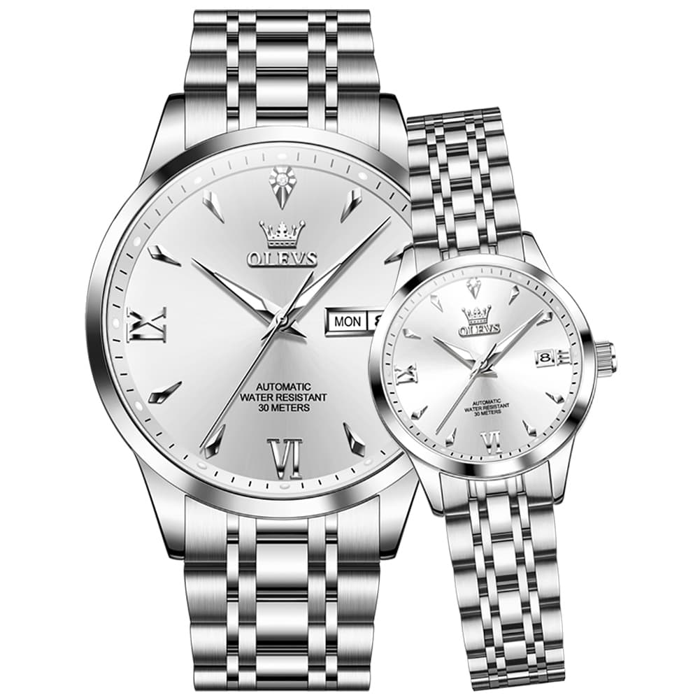 OLEVS Couple Watches Diamond Dial Automatic Mechanical Watch 9956 Steel Band for His and Hers