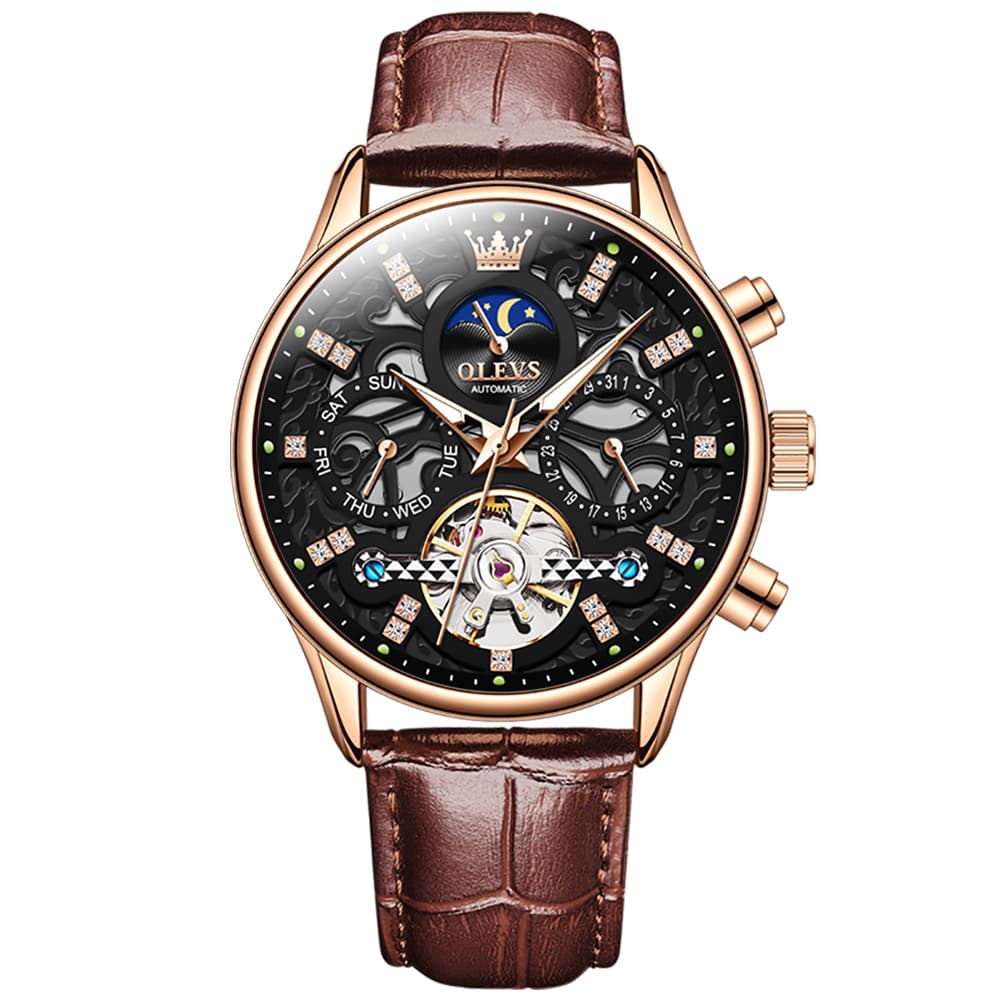 OLEVS 6658 Leather Skeleton Moon Phase Watch for Men