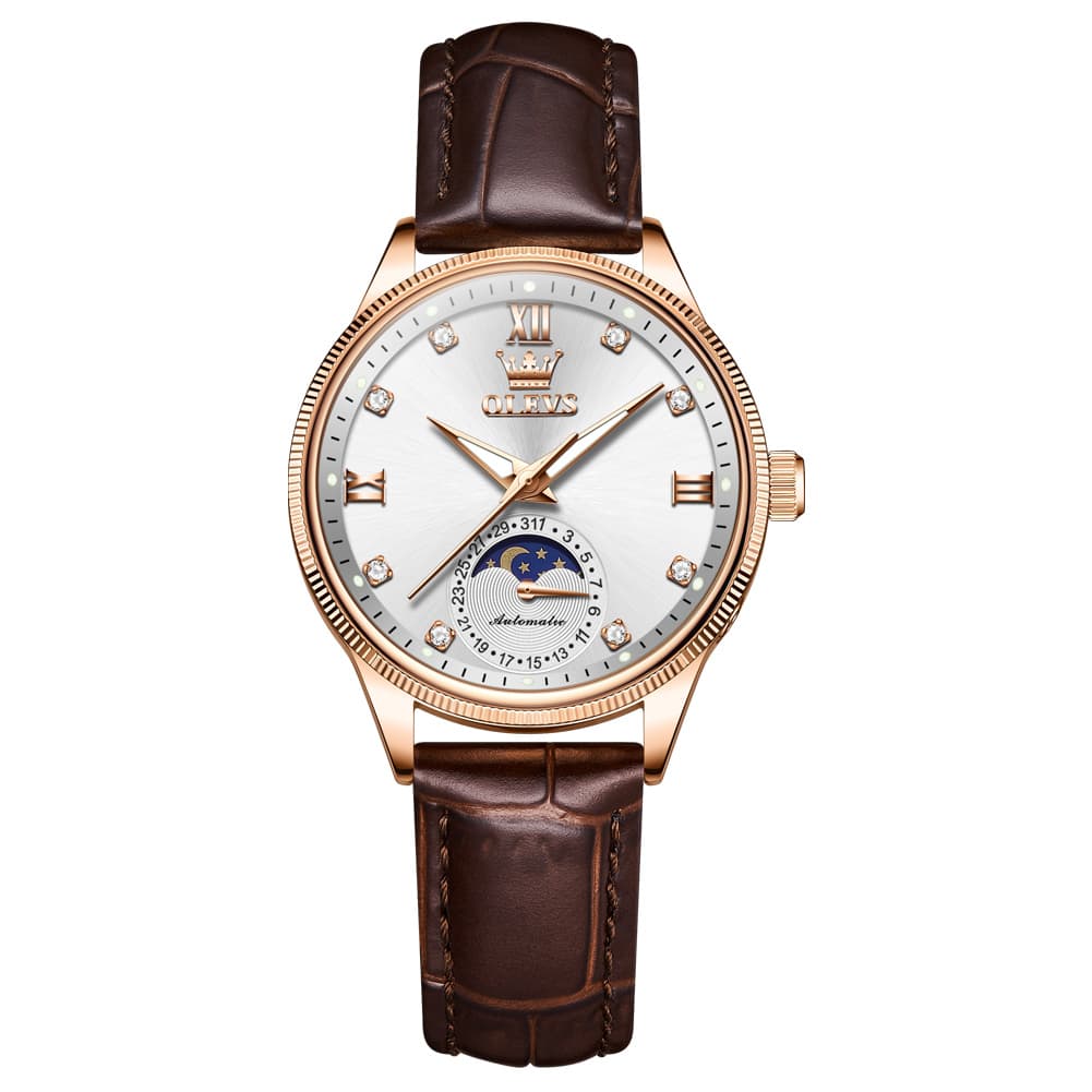 OLEVS 7039 Leather Moon Phase Mechanical Watch For Women