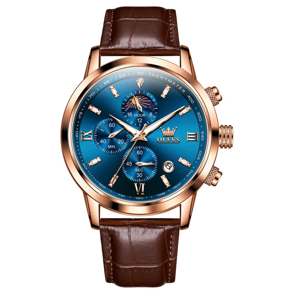OLEVS 9812 Moon Phase Chronograph Leather Watch for Men