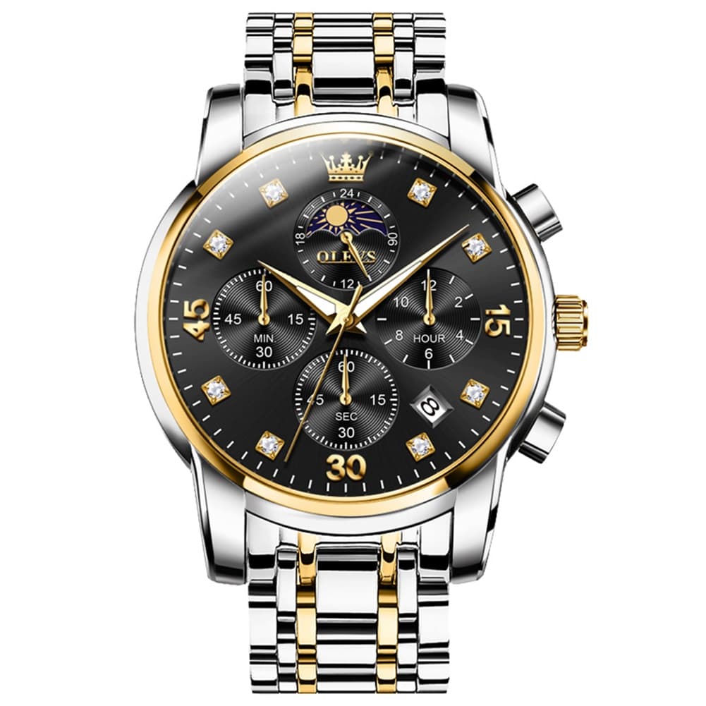 OLEVS 3652 Chronograph Moon Phase Diamond Dial Stainless Steel Watch For Men