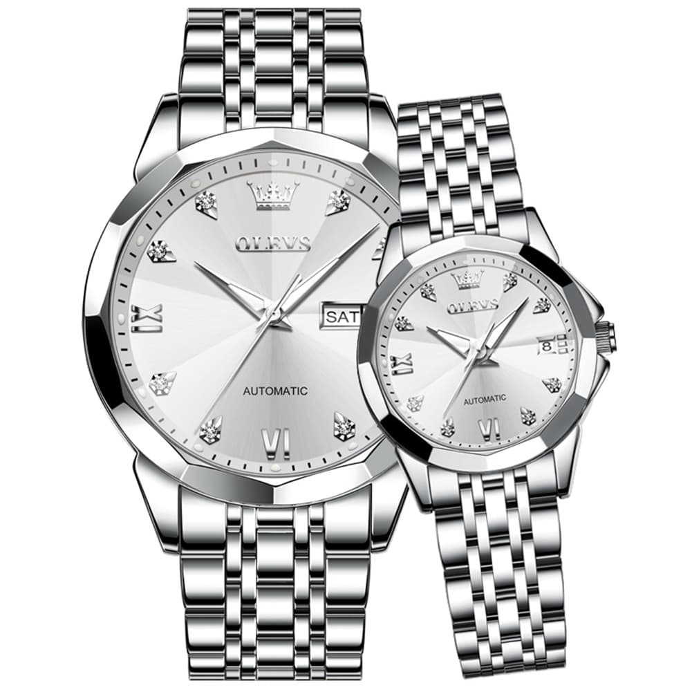 OLEVS Couple Watches 3D Diamond Cut Mirror Automatic Watch 9982 Steel Band for His and Hers