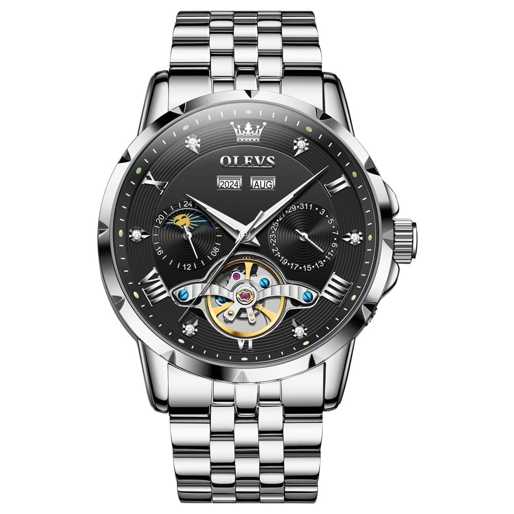 OLEVS 6691 Automatic Moon Phase Skeleton Steel Watch for Men