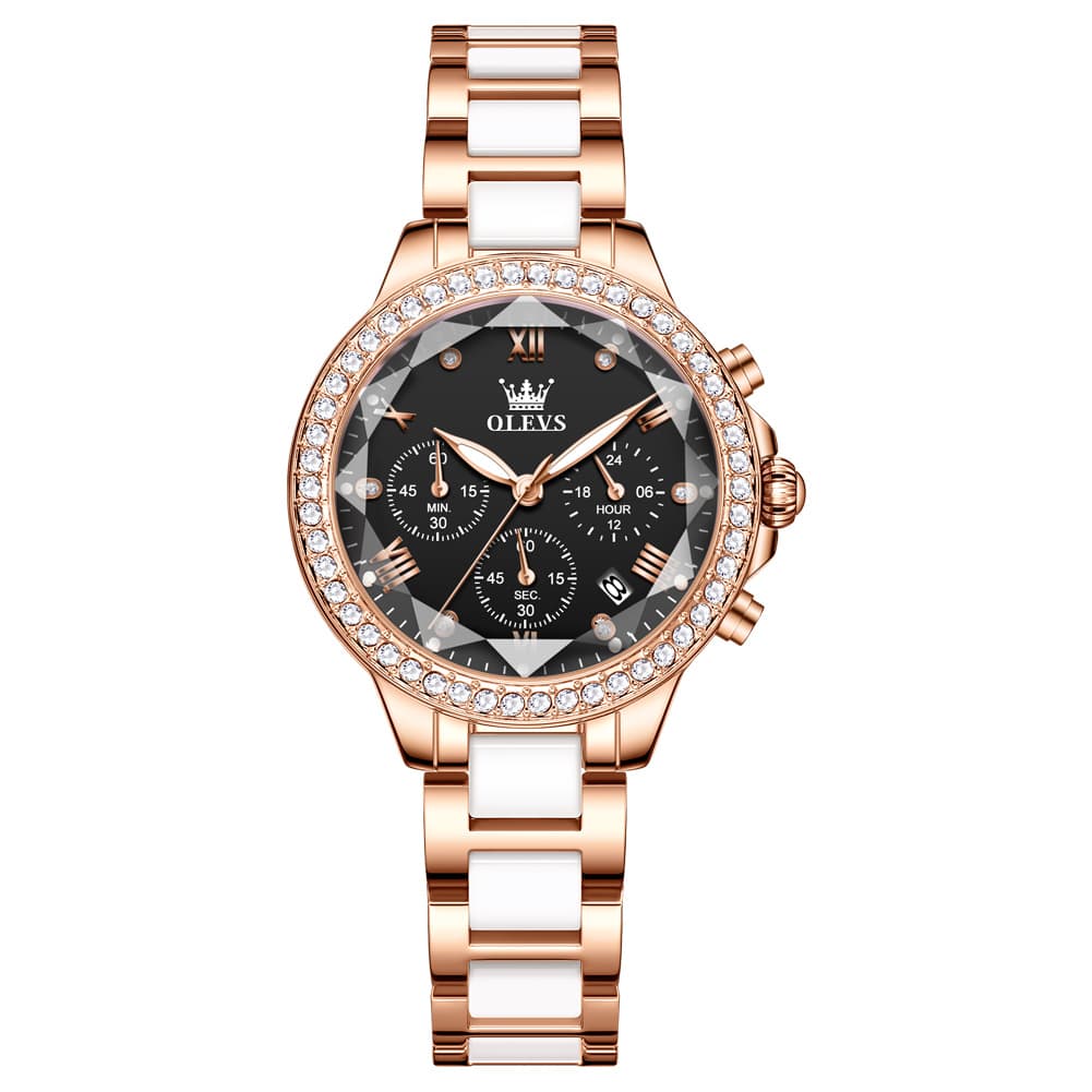 OLEVS 9999 Diamond Bezel Chronograph Ceramic Watch for Women