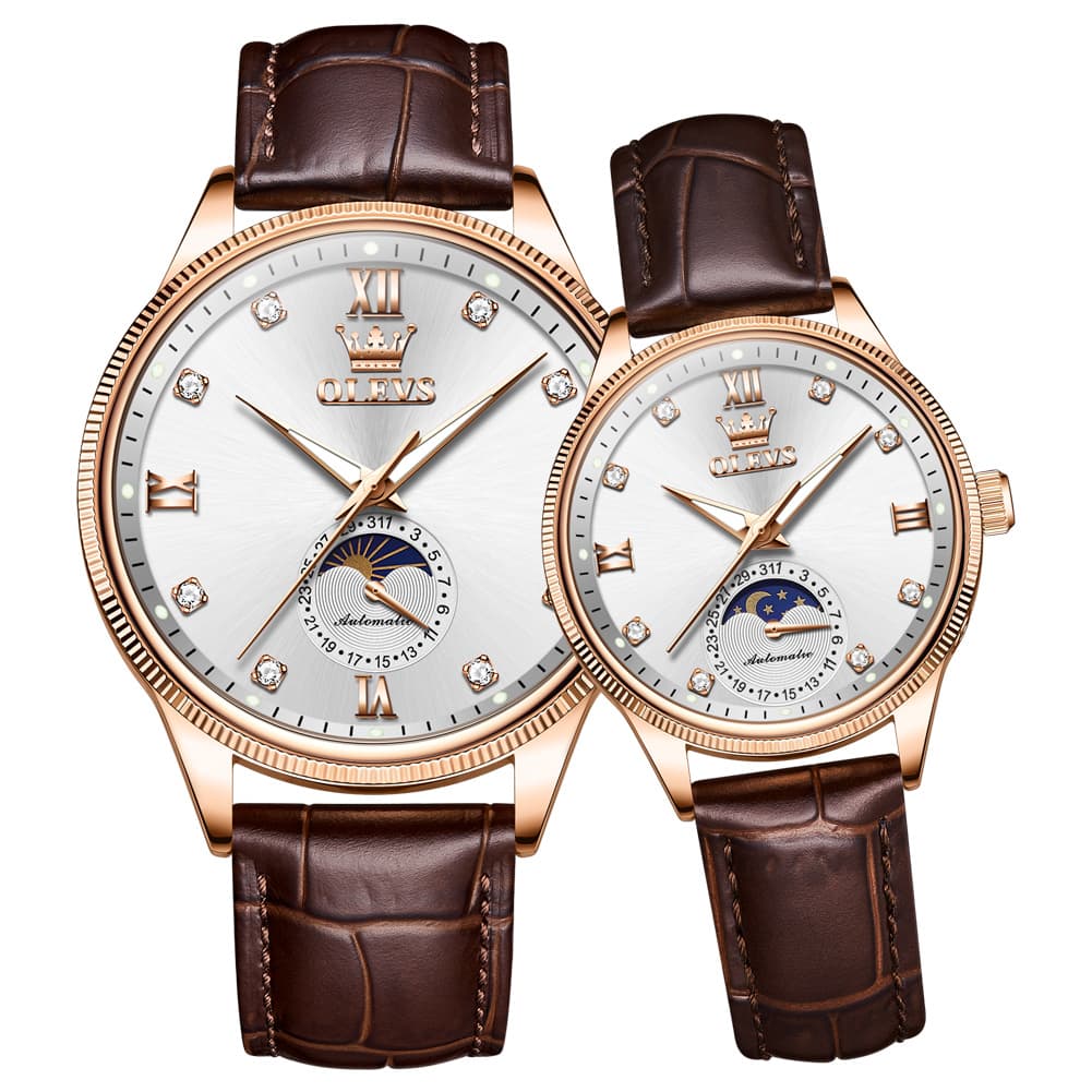 OLEVS 7039 Leather Moon Phase Couples Watch Set