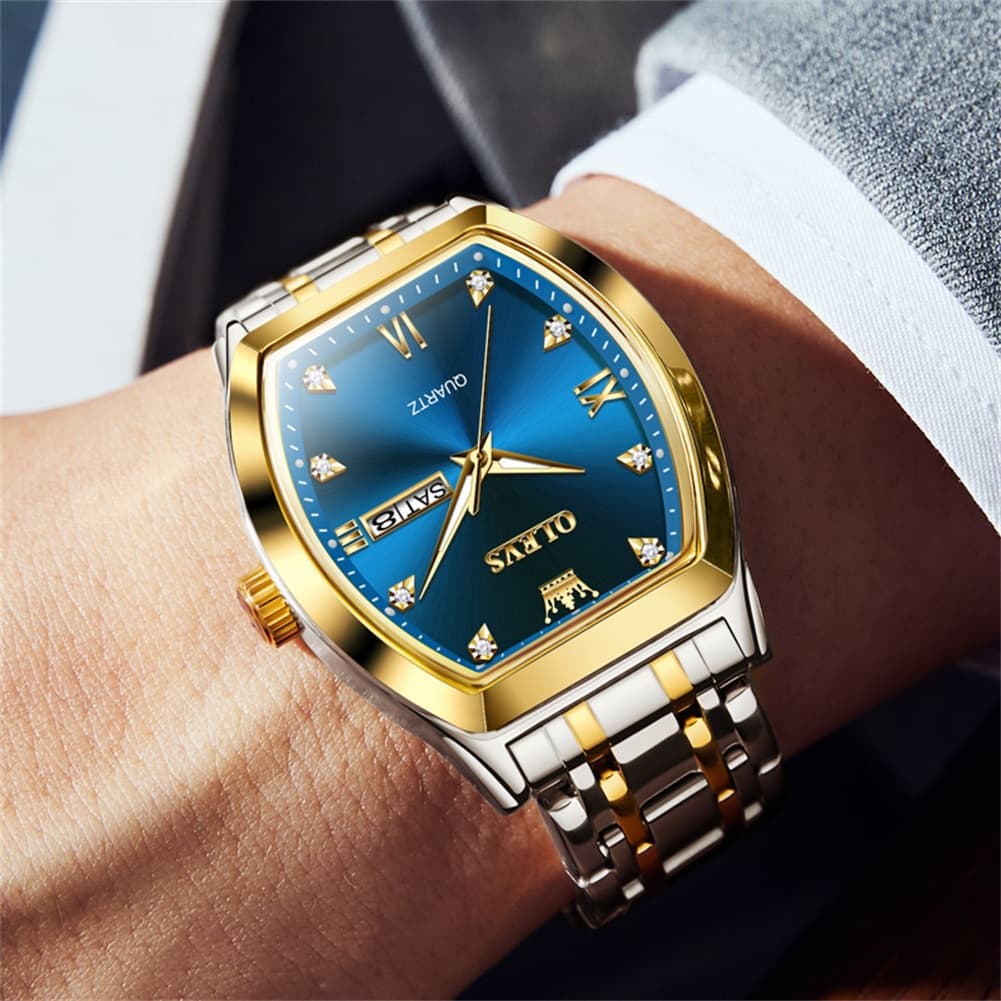 OLEVS Tonneau Diamond Dial Day Date Quartz Watch 5528 Steel Band for Men