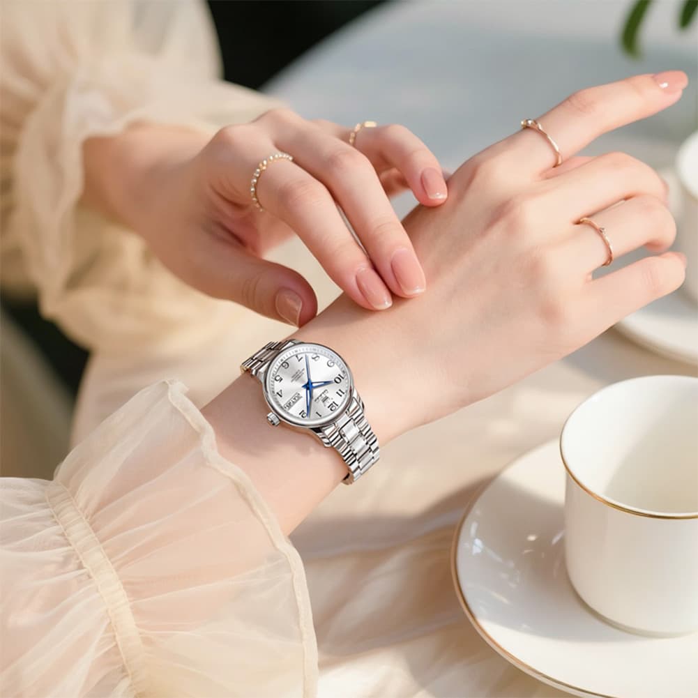 OLEVS 7072 Arabic Numeral Dual Calendar Automatic Watch For Women