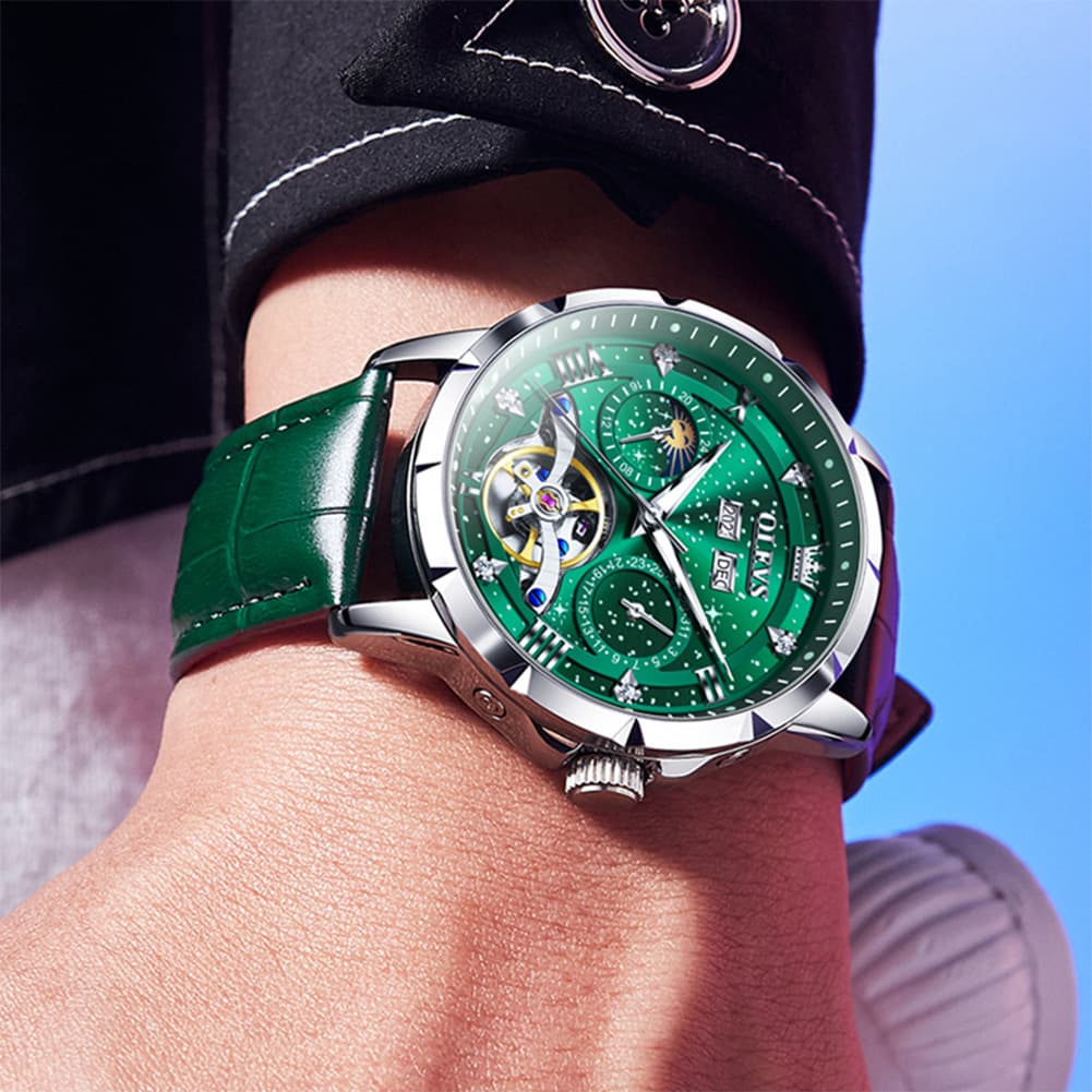 OLEVS 6690 Automatic Skeleton Starry Sky Steel Leather Watch for Men