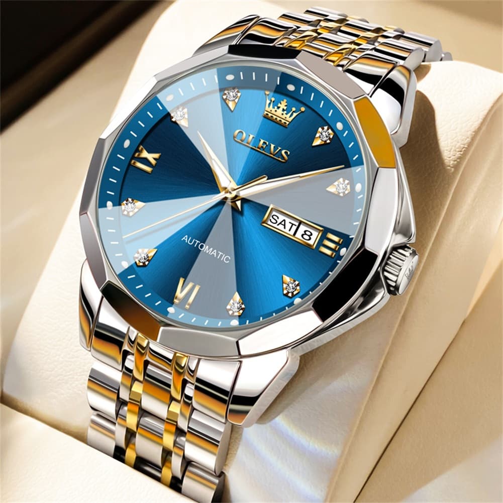 OLEVS 3D Diamond Cut Mirror Automatic Mechanical Watch 9982 Day Date for Men