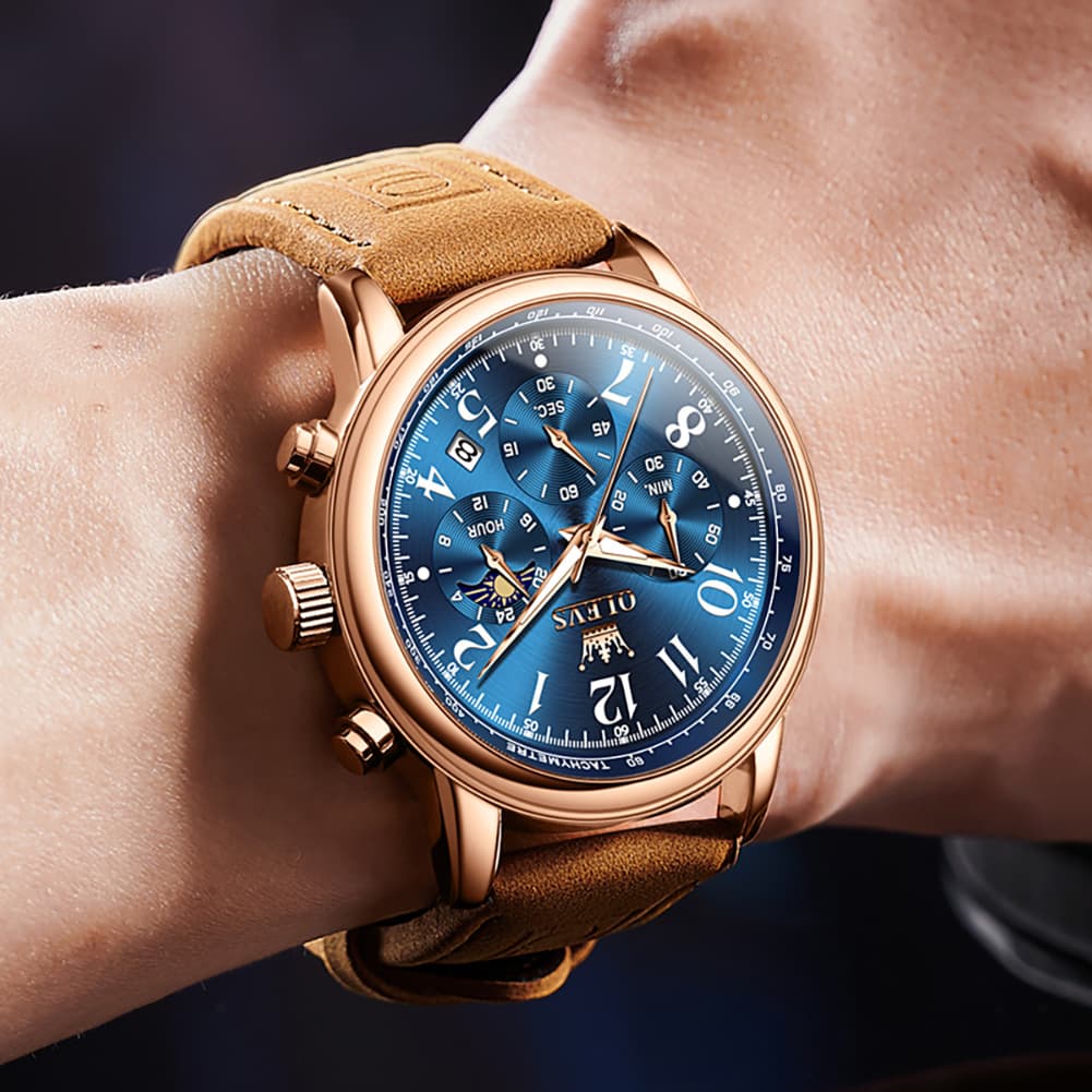 OLEVS 2912 Leather Chronograph Moon Phase Watch for Men