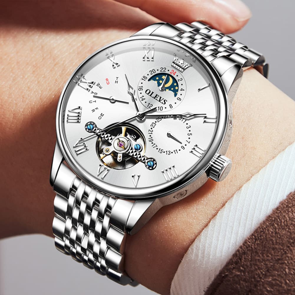 OLEVS 7009 Sun and Moon Skeleton Mechanical Watch for Men