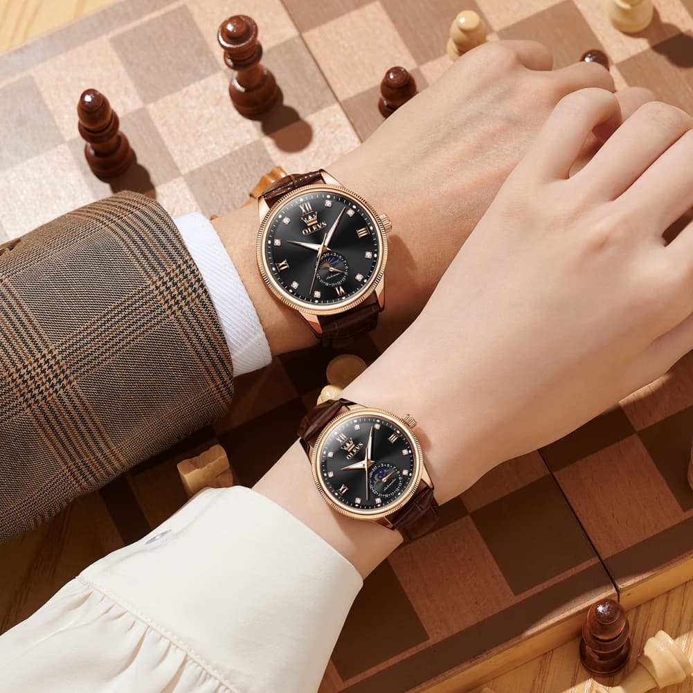 OLEVS 7039 Leather Moon Phase Couples Watch Set