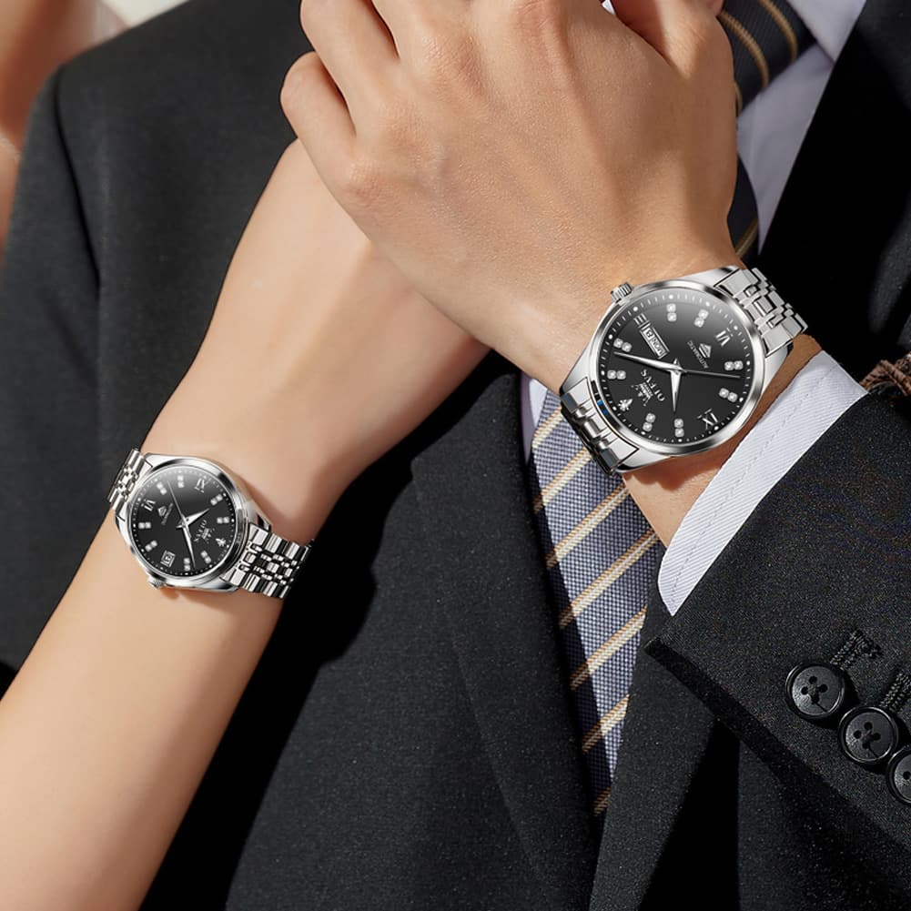 OLEVS Couple Watches Set Automatic Mechanical Diamond Dial 9801 for His and Hers