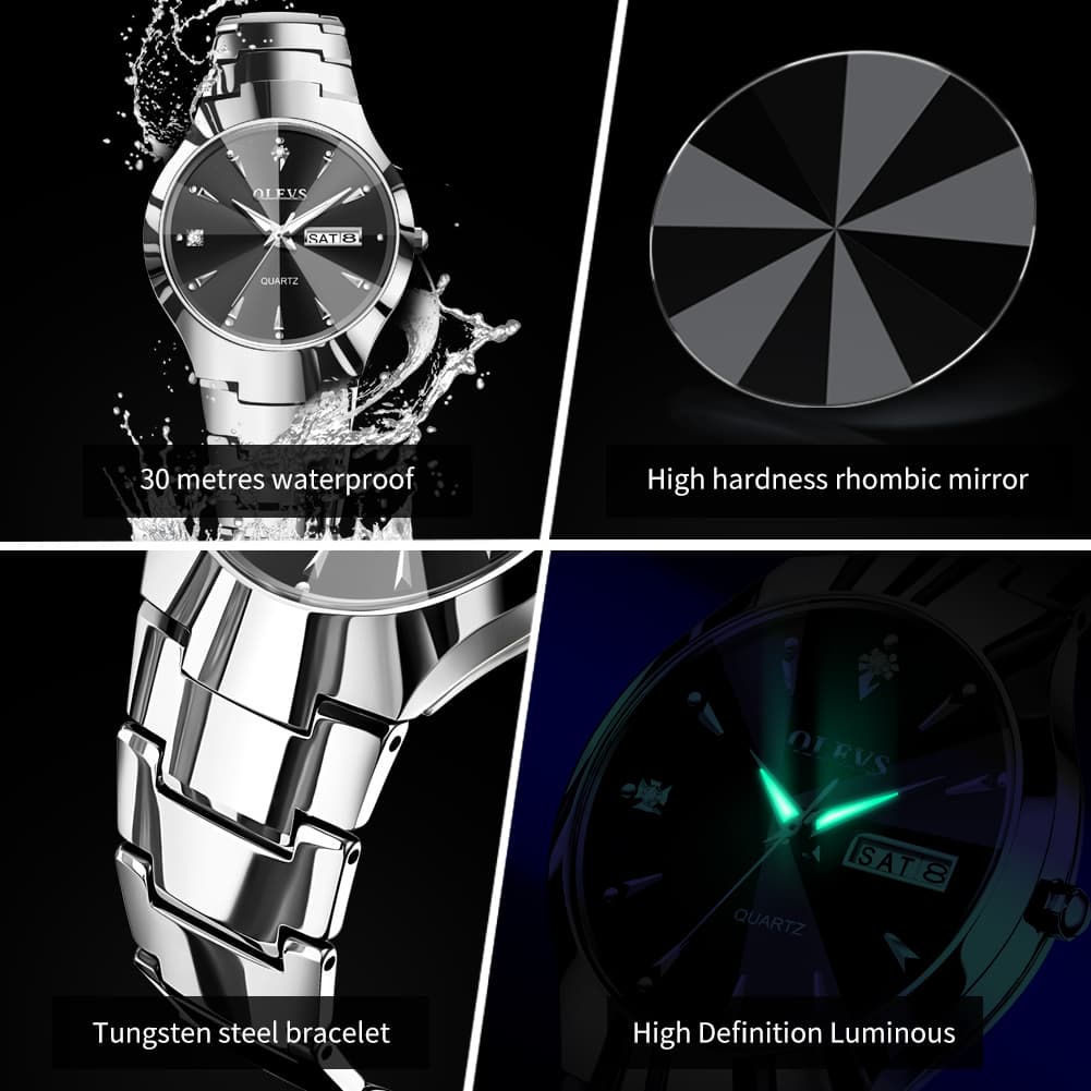 OLEVS Tungsten Steel Ultra Thin Day Date Couple Watch 8697 for Men and Women
