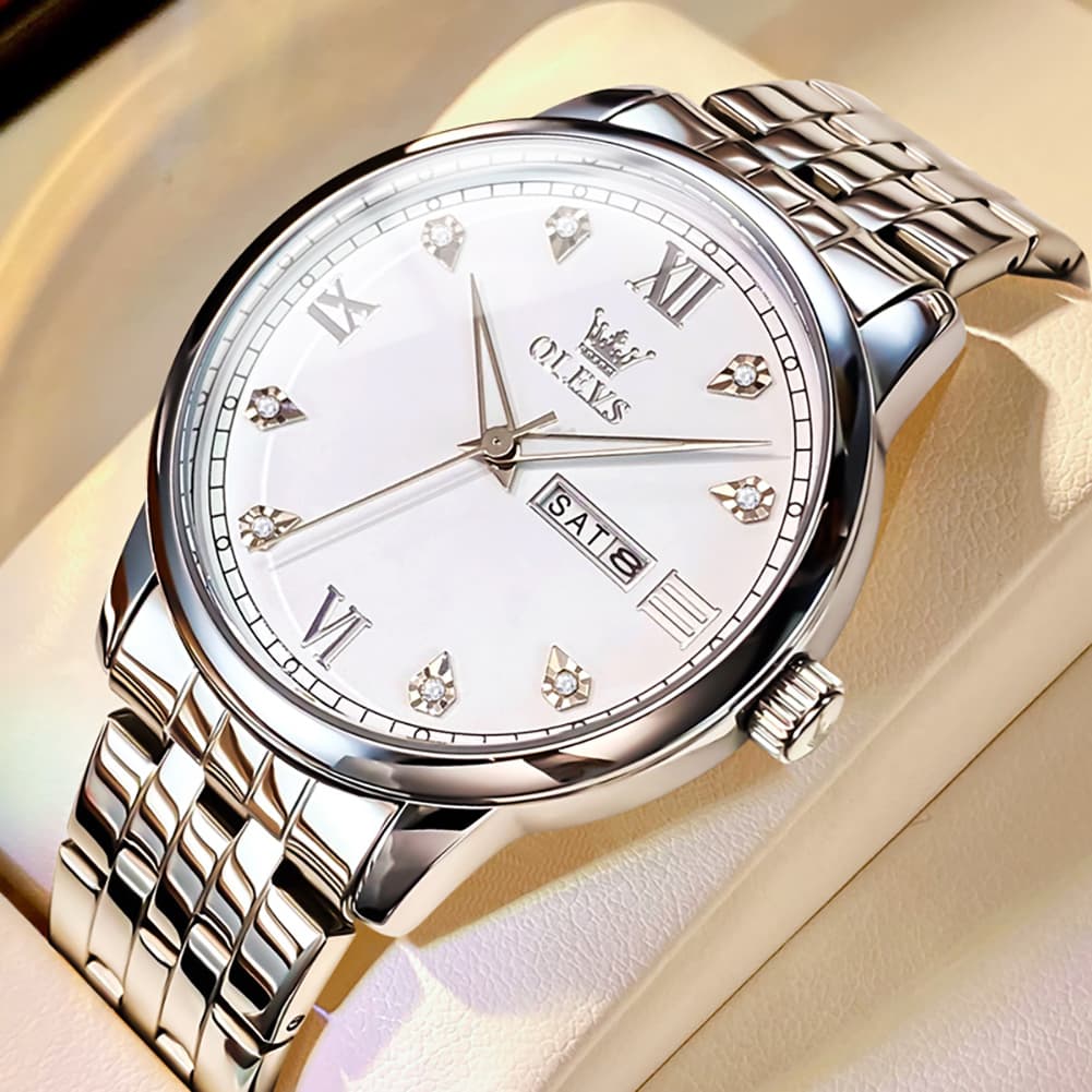 OLEVS Couple Watches Diamond Dial Day Date Quartz Watch 5525 Steel Band for His and Hers