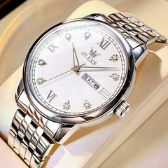 OLEVS Couple Watches Diamond Dial Day Date Quartz Watch 5525 Steel Band for His and Hers