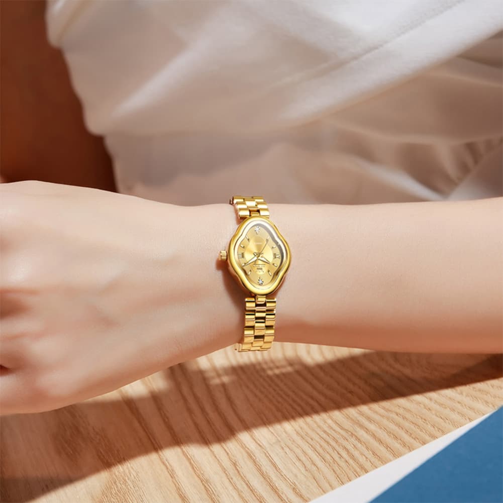 OLEVS 5666 Petal Case Vintage Dress Watch Gold Bracelet Quartz Jewelry Timepiece for Women