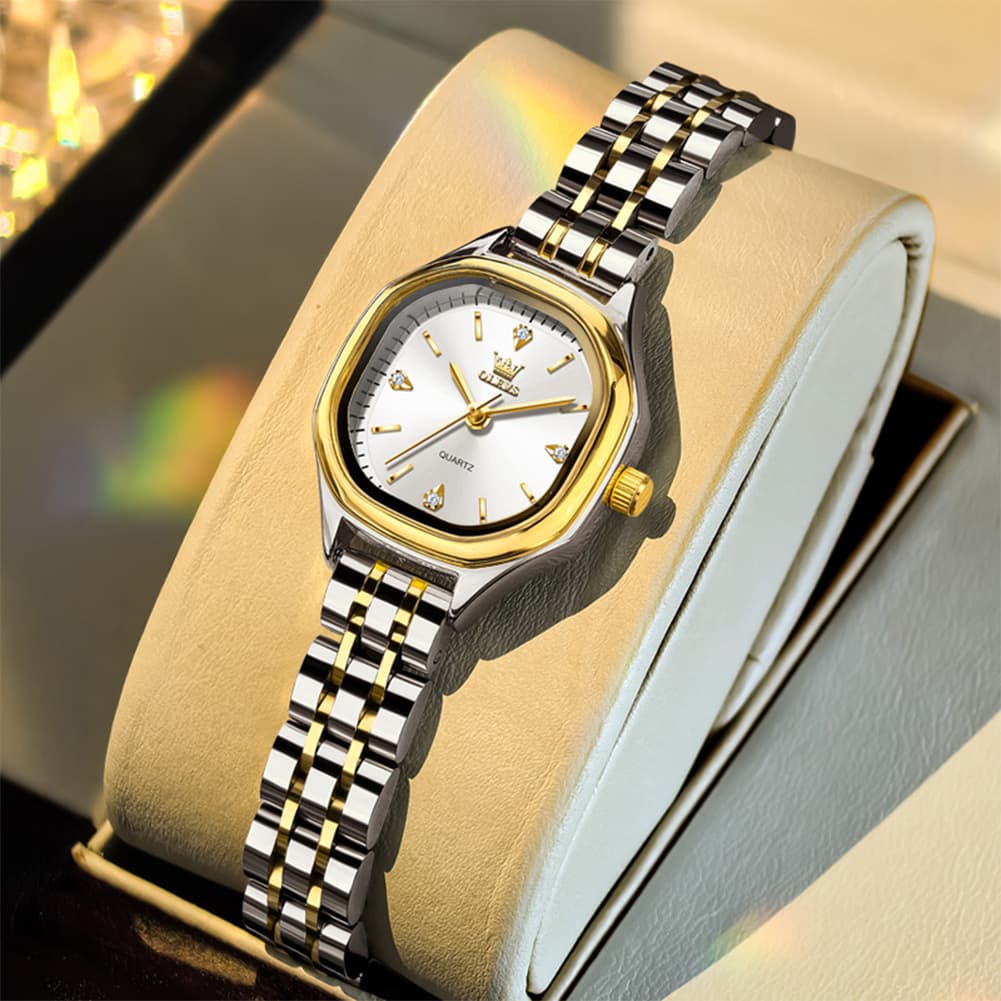 OLEVS 5888 Petite Square Watch Vintage Diamond Accent Stainless Steel Bracelet Quartz Timepiece for Women