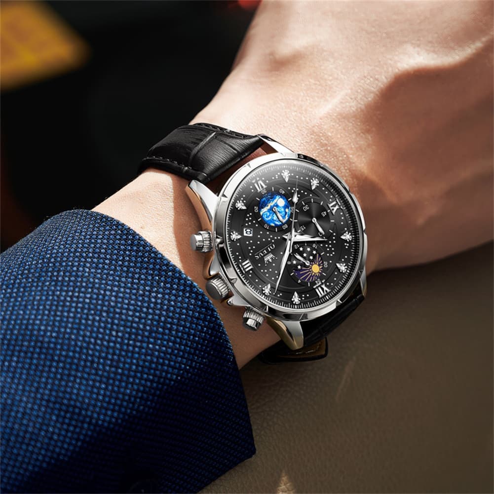 OLEVS 9807 Starry Moon Phase Chronograph Quartz Watch for Men