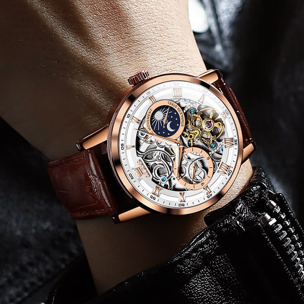OLEVS 6670P Leather Skeleton Moon Phase Watch for Men