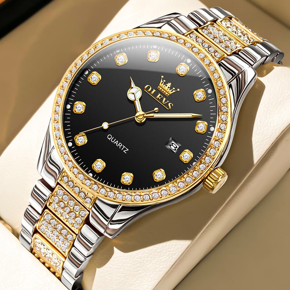 OLEVS 9905 Diamond Bezel Luxury Dress Quartz Watch for Men