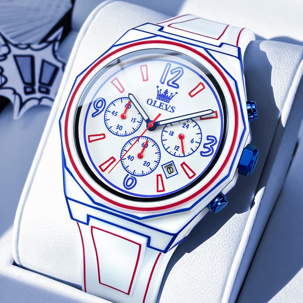OLEVS Men Streetwear Comic Chronograph Watch Octagonal Silicone Quartz 5622