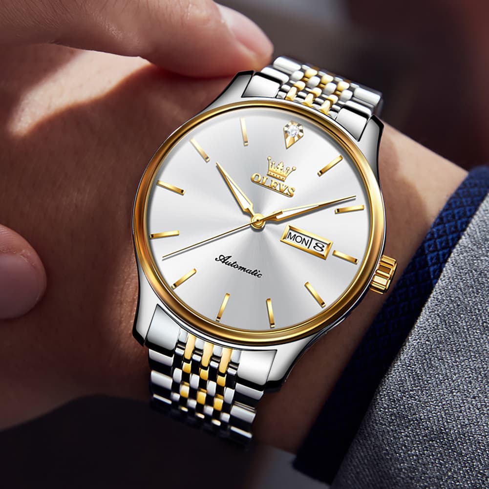 OLEVS Minimalist Diamond Dial Day Date Automatic Watch 9960 for Men