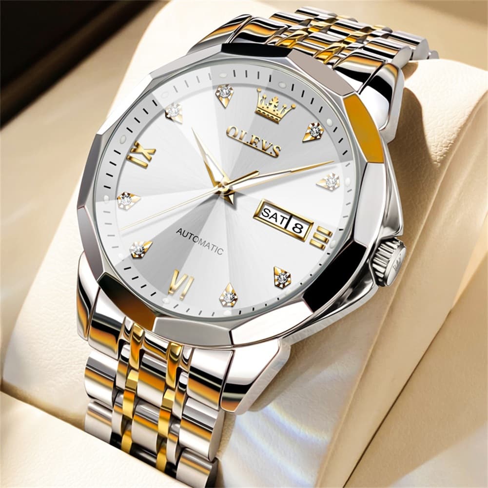 OLEVS 3D Diamond Cut Mirror Automatic Mechanical Watch 9982 Day Date for Men
