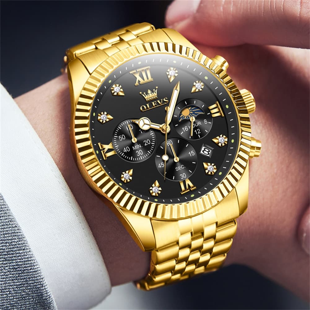 OLEVS 2932 Luxury Gold Fluted Bezel Quartz Watch for Men