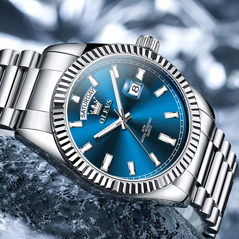 OLEVS 5650 Fluted Bezel Day Date Watch Stainless Steel Quartz Luxury Timepiece for Men
