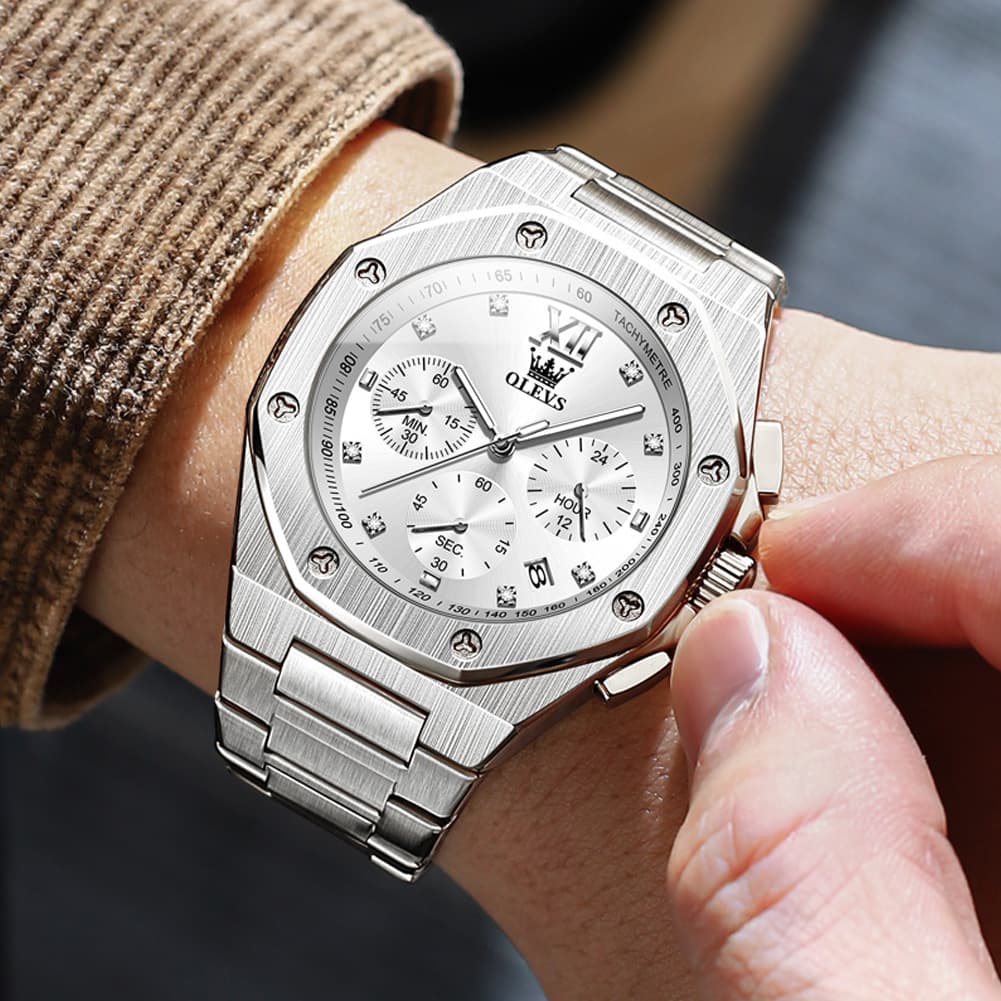 OLEVS 3626 Octagonal Chronograph Quartz Steel Watch for Men