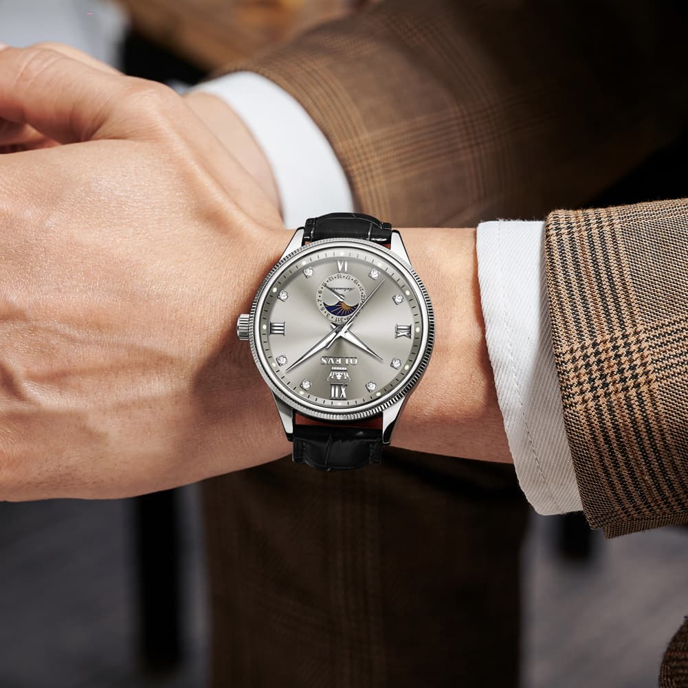 OLEVS 7039 Leather Moon Phase Mechanical Watch For Men