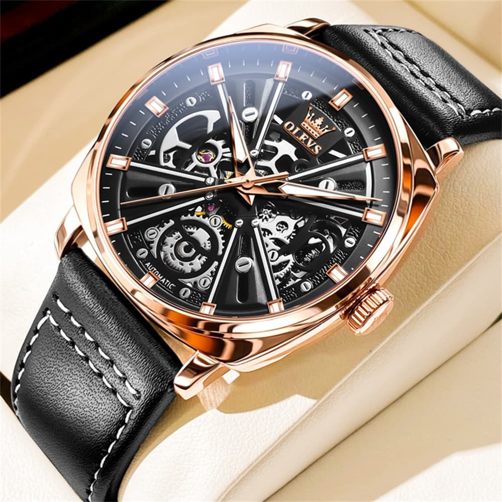 OLEVS 6685 Mechanical Skeleton Leather Watch for Men