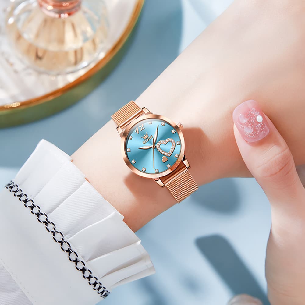 OLEVS 5189 Heart Motif Milanese Mesh Quartz Watch for Women