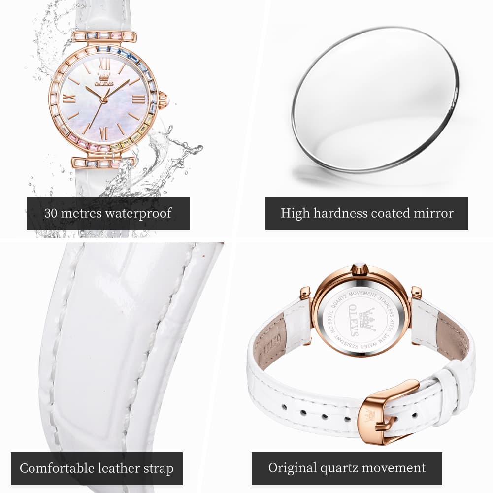 OLEVS 9007 Rainbow Bezel Mother of Pearl Leather Quartz Watch for Women