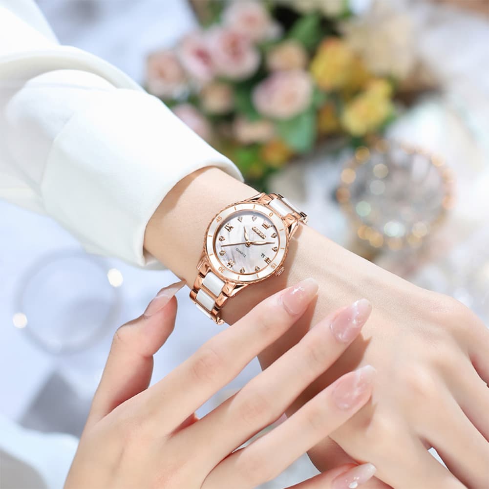 OLEVS 9985 Two Tone Ceramic Bracelet Quartz Watch for Women