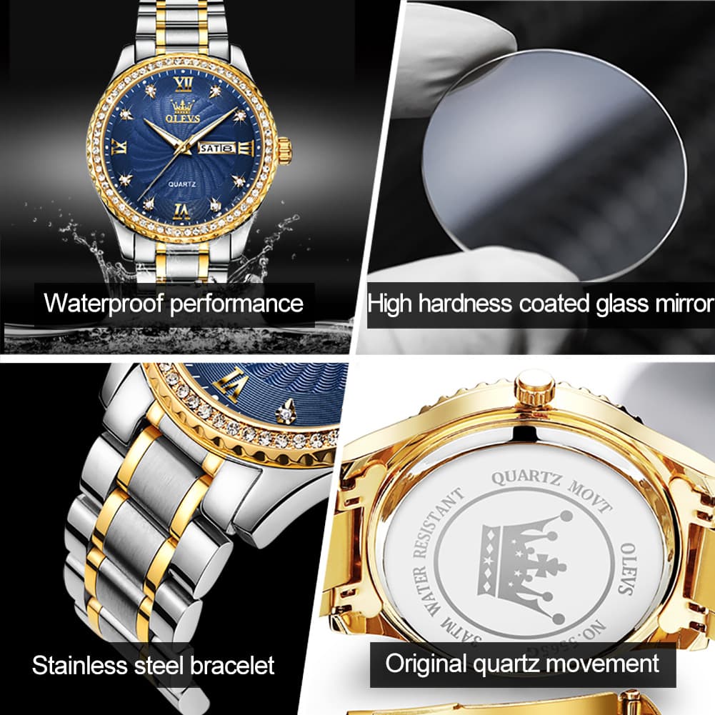 OLEVS Men Diamond Bezel Watch Two Tone Stainless Steel Quartz Day Date 5565