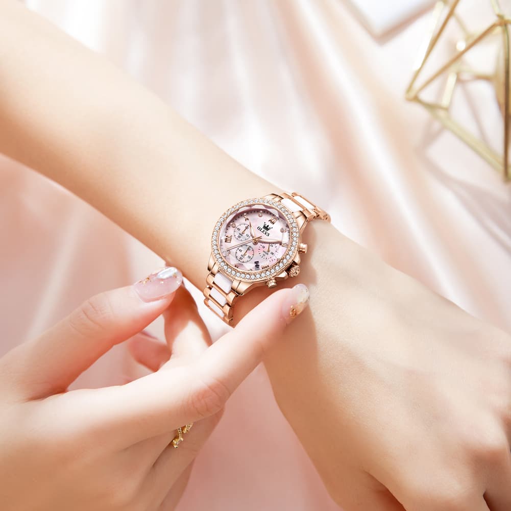OLEVS 9999 Diamond Bezel Chronograph Ceramic Watch for Women