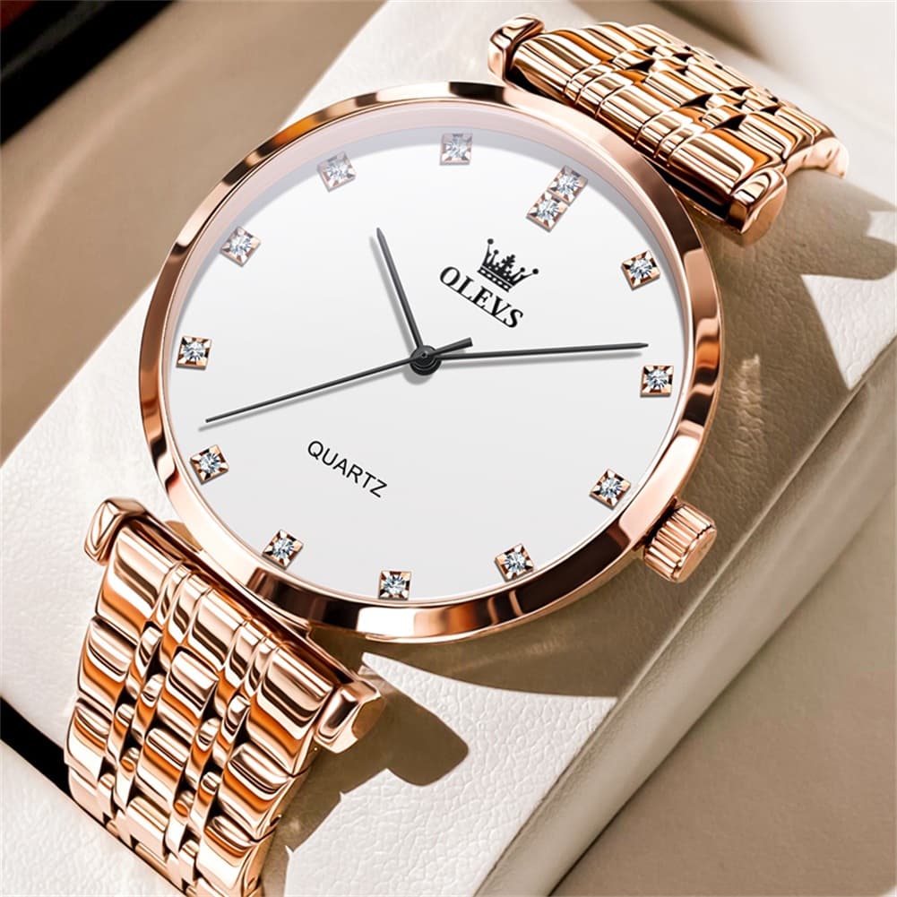 OLEVS Couple Watch Faceted Crystal Diamond Marker Stainless Steel Quartz 5596