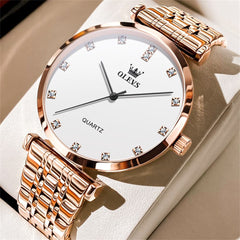 OLEVS Couple Watch Faceted Crystal Diamond Marker Stainless Steel Quartz 5596