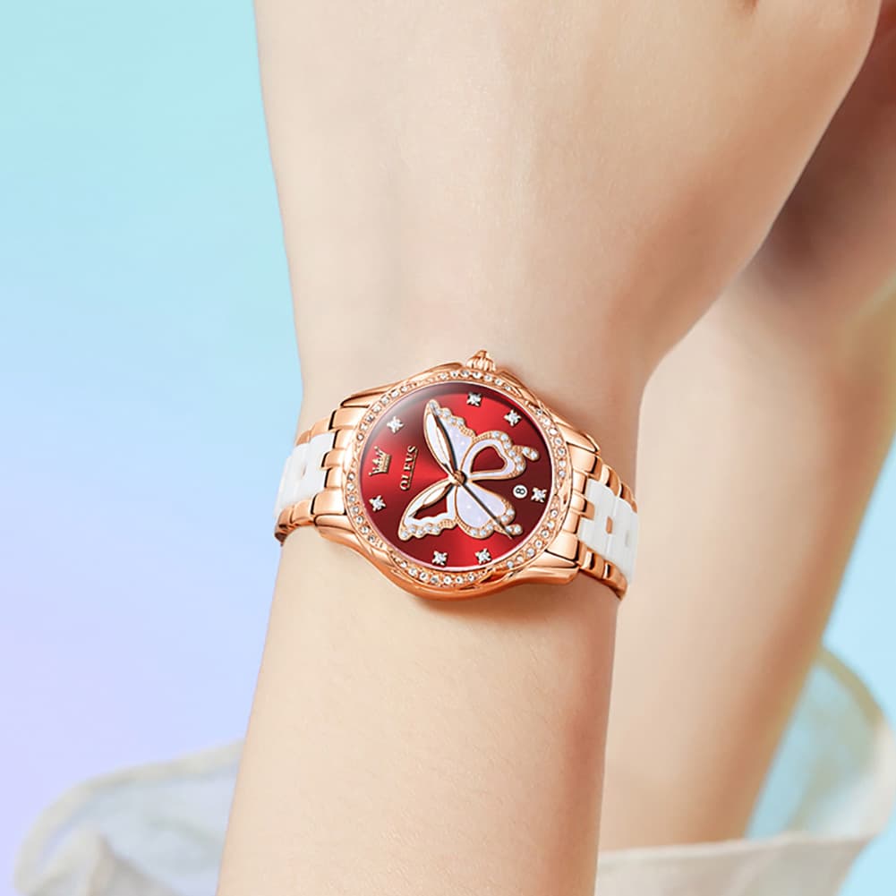 OLEVS Women Butterfly Watch Ceramic Rose Gold Diamond Date Quartz 5610