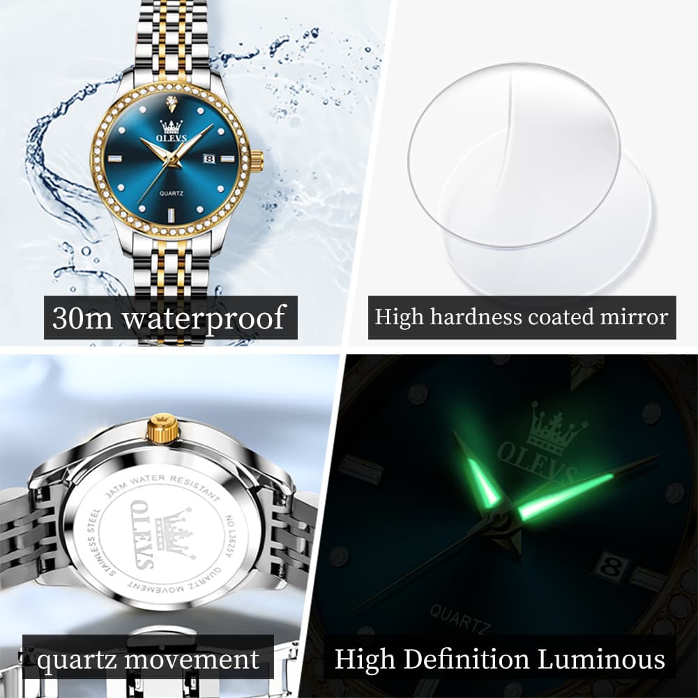 OLEVS 3625 Diamond Bezel Quartz Steel Watch for Women