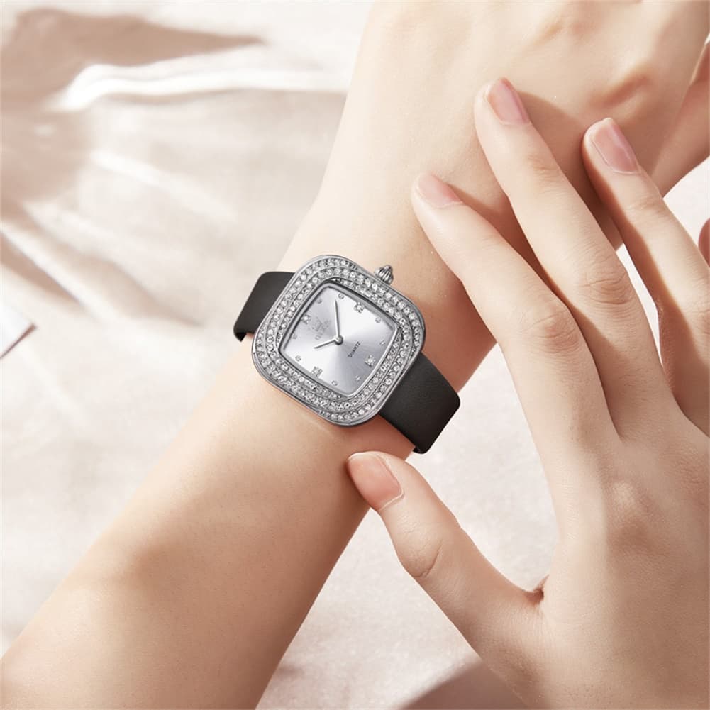 OLEVS Square Diamond Bezel Leather Watch 5512 Petite Quartz for Women