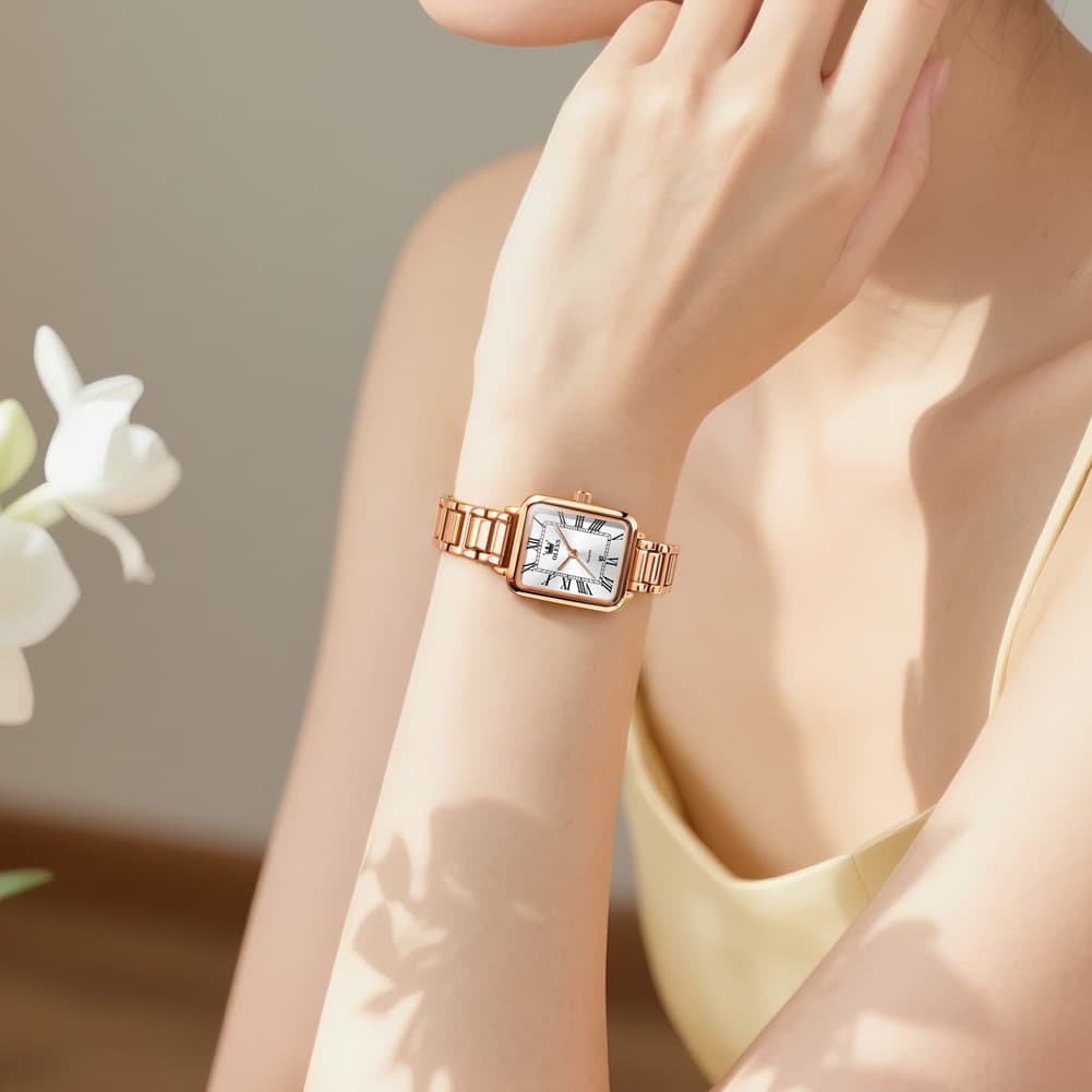 OLEVS Women Rectangular Dress Watch Retro Tank Stainless Steel Date Quartz 5641