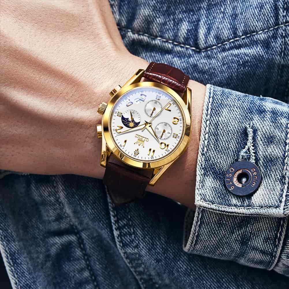 OLEVS 2890 Leather Chronograph Moon Phase Watch for Men